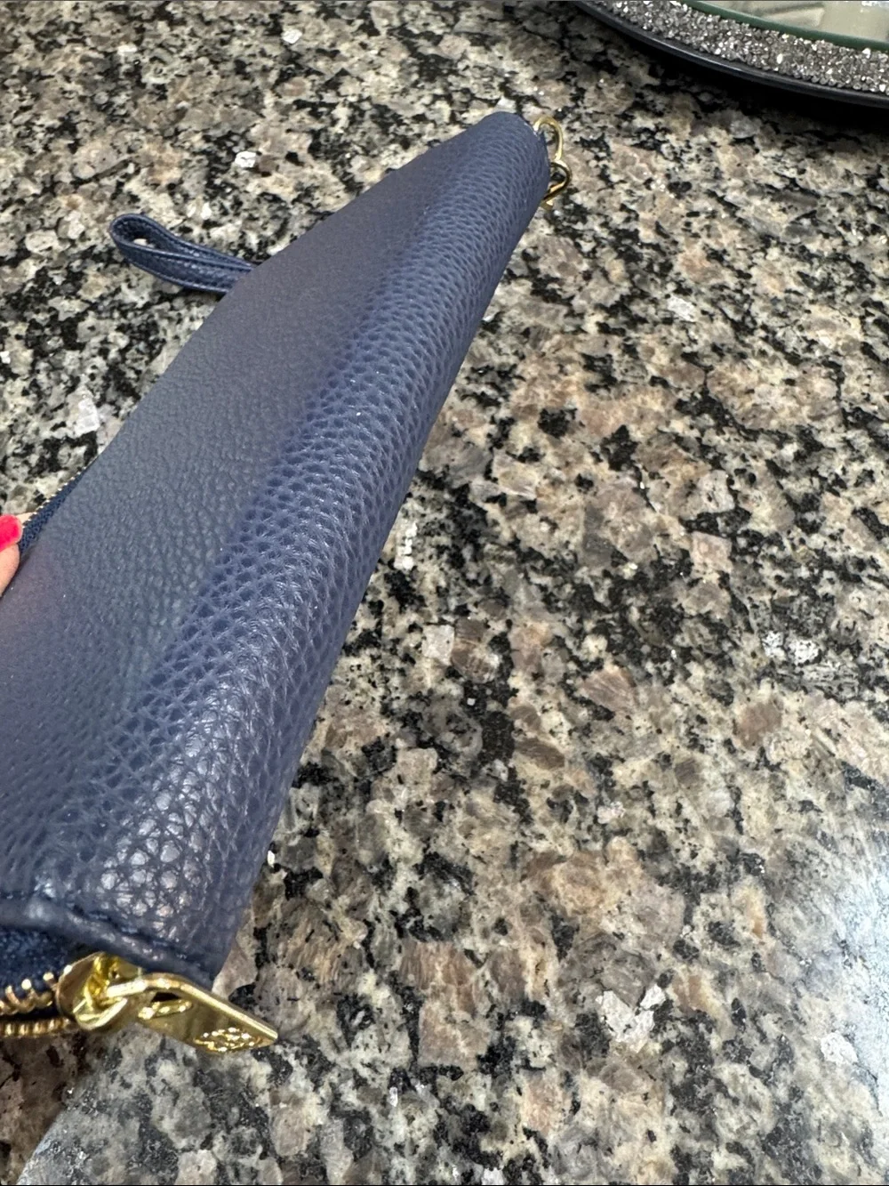 Bandolino Navy Pebbled Zip Wristlet with Gold Plaque